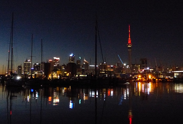 Pre-dawn downtown Auckland skyline from Westhaven Apr 2017